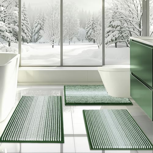 BSICPRO Bathroom Rugs Sets 3 Piece, Toilet Rugs U-Shaped Contour Bath Mat Set, Striped Absorbent Non Slip Chenille Shower Mat, Hunter Green - color: Hunter Green, size: 20"x32"+16"x24"+U Shape 20"x24"