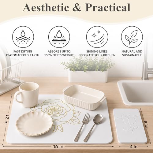 Stone Dish Drying Mat for Kitchen Counter, Glittery Resin Rose Pattern Quick Drying Mat, Water Absorbing Diatomaceous Pad for Plate Bottle Utensil Rack,Space Saving (Gold & White, 16"×12")