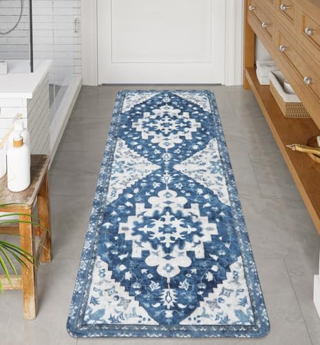 Uphome Vintage Bathroom Runner Blue Boho Non-Slip Long Bath Mat Oriental Soft Machine Washable Bedroom Rug Traditional Tribal Floral Floor Carpet for Kitchen Hallway Kids Room, 24x59 inch - color: Blue, size: 24x59 inch