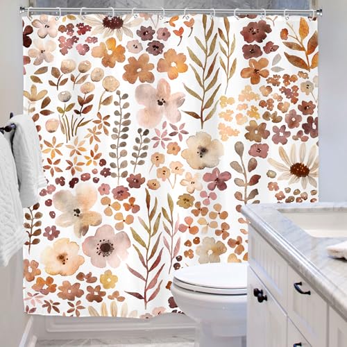 Riyidecor Fall Autumn Shower Curtain for Bathroom Decor 72Wx72H Cute Floral Flower Nature Watercolor Rustic Botanical Plant Herbs Art Printed Fabric Polyester Waterproof 12 Pack Plastic Hooks - color: D-burnt Orange, size: 72"W x 72"L (Pack of 1)