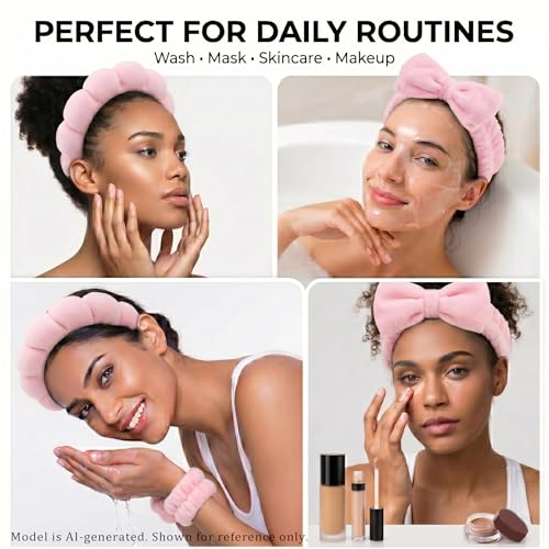 Makeup Headband for Washing Face Wristband Set, Pink | Soft absorbent fabric, snug head-hugging fit for face washing, skincare, makeup, masks, travel, women and teen girls - color: Pink