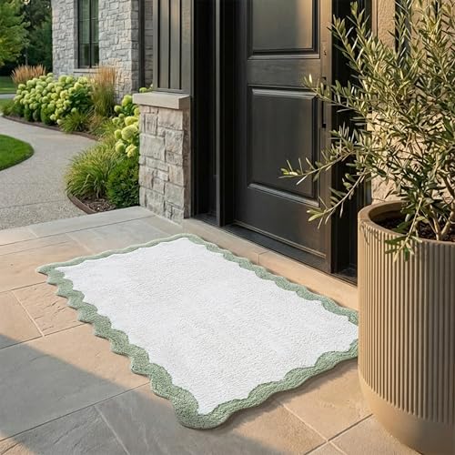 Cotton Scalloped Bathmat with Antiskid 20"x32" SAGE Green – 100% Cotton Scalloped Bath Mat, Anti Skid, Soft & Absorbent Bathroom Rug for Shower, Tub & Entryway - color: Sage Green, size: 1'8" x 2'8" (Rectangular)