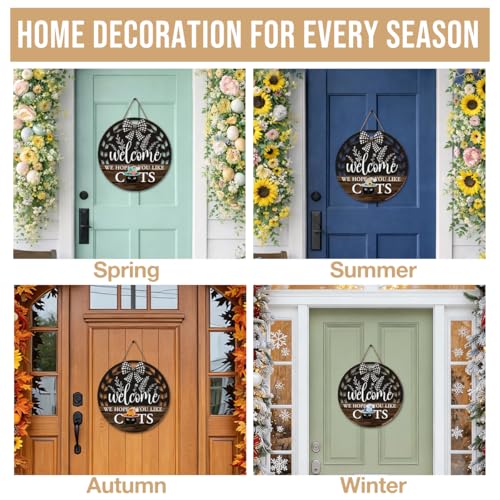 Interchangeable Seasonal Welcome Hanging Sign - Farmhouse Front Door Decoration for Holidays - Rustic Round Wood Wreaths with 12 Icons – Welcome Cat Lover(Brown) - color: catsbrown