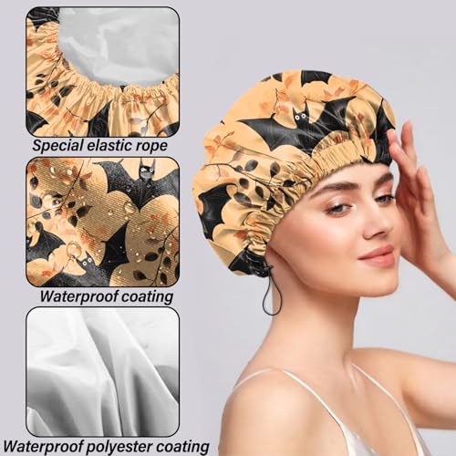 2 PCS Shower Cap Reusable Waterproof Double Layers Hair Caps Shower Bath Adjustable Elastic Hat for Women Girls Cute Aesthetic-Black Bat - color: AI11-Black Bat