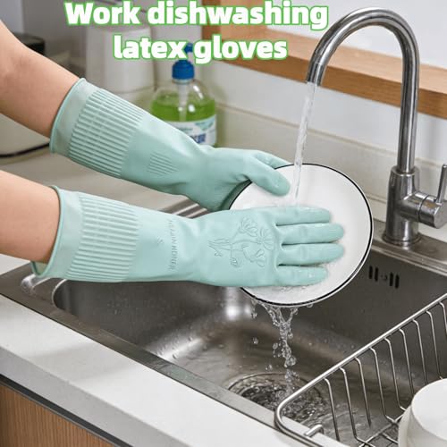 Long Rubber Waterproof Latex Household Cleaning 18inch Gloves Red Long Sleeved Heavy-duty Reusable 2Pair - color: Green, size: Large