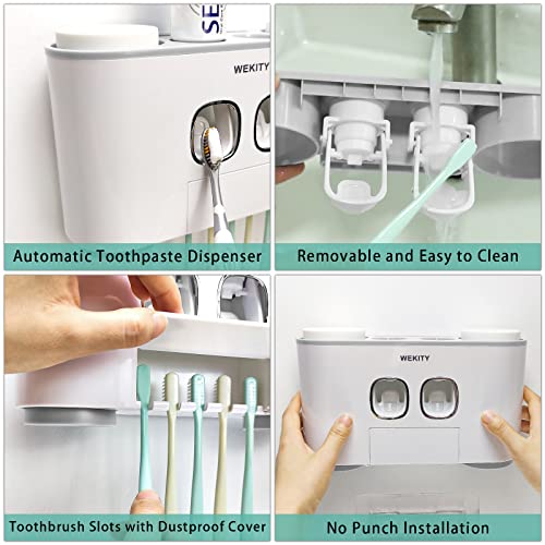 Toothbrush Holder WREWING Multi-Function Wall-Mounted Automatic Toothpaste Dispenser and Dust-Proof Toothbrush Holder with 5 Brush Slots 4 Cups 2 Automatic Toothpaste Dispensers 1 Storage Slot (Grey) - color: Grey