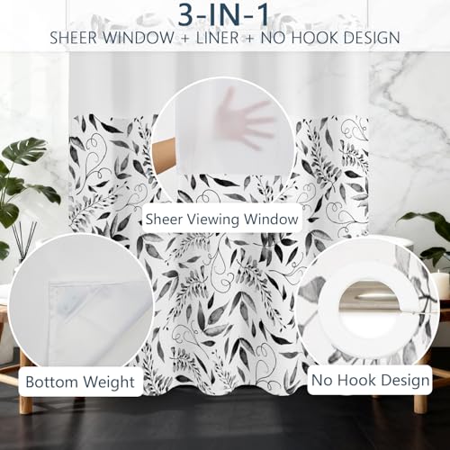 No Hook Shower Curtain with Snap in Fabric Liner Set, Waterproof & Washable, Boho Black and White Leaf Shower Curtains for Bathroom, Modern Farmhouse Rustic Bathroom Curtain, House Gift, 71x74 inch - color: Black and White Leaf
