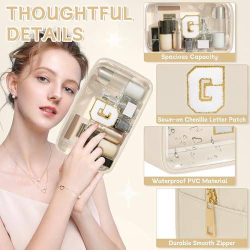 Initial Clear Makeup Bag, Birthday Gift Preppy Chenille Patch Cosmetic Bag, Initial Travel Essentials Beach Toiletry Pouch, Ideal Gift for Teachers & Moms, Women and Girls (Beige, G) - color: Beige, style: G
