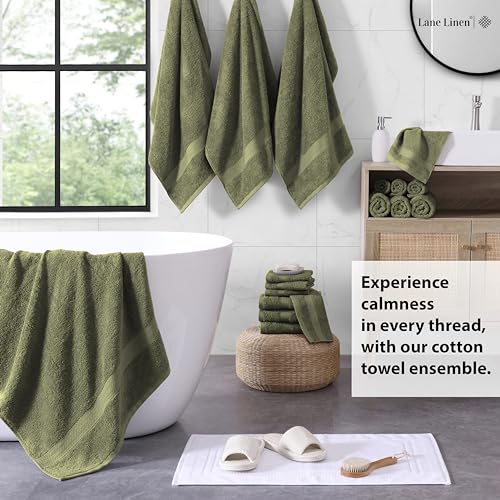LANE LINEN 100% Cotton Bath Towel Set of 18 - Softer, High Absorbency & Durable - 4 Bath, 8 Wash Cloth, 6 Hand Towels for Bathroom - Premium Look, Spa Quality, Solid Dyed Towels - Oil Green - color: 07: Oil Green, size: 18 Piece Towel Set