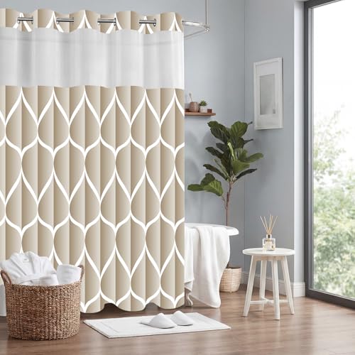 Yiatn No Hook Cream Shower Curtain with Snap in Fabric Liner Set - Hotel Style with See Through Mesh Top Window, Modern Geometric Waterdrop Design,Waterproof and Washable, 71x74 INCH - color: Cream, size: 71"W x 74"L (Pack of 1)