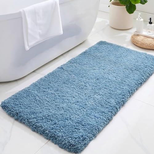 ILANGO Blue Bathroom Rugs 60" × 24" Non Slip & Super Absorbent Extra Thick Soft, Washable Bath Carpet Runner for Floor, Microfiber Plush Shaggy Bath Mats with Rubber for Bedroom Bathtub Shower Room - color: Blue, size: 2' x 4'11" (24''x59'' Bathroom Rug)