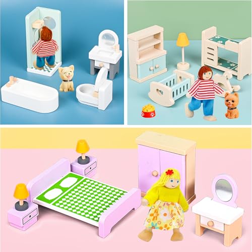 HAPGFS 36PCS Wooden Dollhouse Furniture Set with 4 Flexible Family Dolls - 5 Room Realistic Doll House Accessories for Toddlers 3 4 5 6, Pretend Play Toys Gift for Birthday and Christmas - style: Indoor
