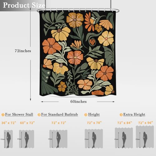 Black Floral Shower Curtain, Dark Botanical Orange Flower Green Leaf Pattern, Vintage Boho Moody Aesthetic, Polyester Fabric Bathroom Decor, 60x72 inch, 12 Hooks - color: Black Orange, size: 60"W x 72"L (Pack of 1)