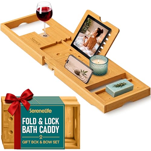 SereneLife Premium Bathtub Tray Caddy, Expandable Bath Tray, Unique House Warming Gifts, Gift for Mom, Women, New Home, Wedding, Anniversary, Bridal Shower, Universal Fit for All Tub - color: Natural, Folding, Gift Set