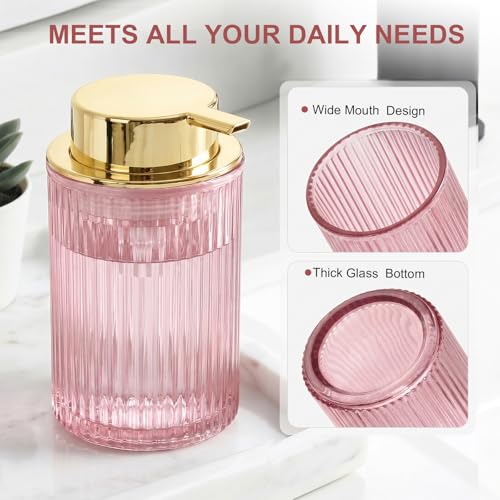KASUNTING Pink Glass Foaming Soap Dispenser, Ribbed Foam Hand Soap Dispenser for Bathroom, 11 Fl Oz Refillable Foaming Pump Bottle with Black Pump, Modern Dish Soap Foam Dispenser - color: Pink Bottle+ Gold Pump, size: Foam-1 Pack