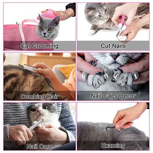 JULMELON 10PCS Cat Bathing Bag Adjustable Shower Washing Net Grooming Set | Polyester Mesh, Kitten Adult Pet Grooming, Shower Bathing Nail Trimming Examination, Brush Clipper File Comb Tick Tool Caps - color: Pink+Grey