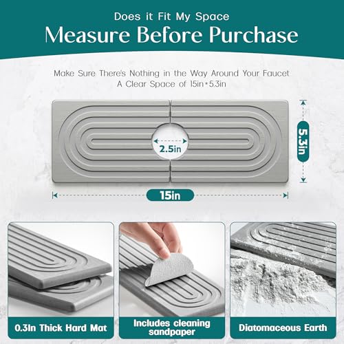 eormoe Faucet Mat for Kitchen Sink - Wider Diatomite Fast Drying Stone Sink Tray, Super Absorbent, Prevents Moisture Buildup - Faucet Splash Guard for Bathroom Counter (Grey, 15x5.3inch) - color: Gray, size: 15" x 5.3"