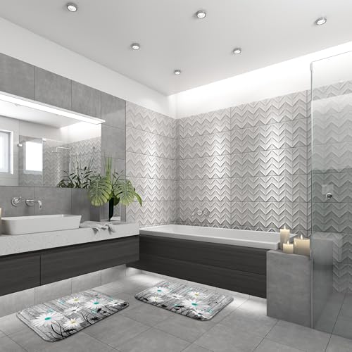 ArtSocket Flower Daisy Bathroom Set with Shower Curtain and Bath Rugs and Accessories,Gray Wooden Boards Non-Slip Shower Curtain Set,Bathroom Decor 3 Pcs - color: Flower Daisy