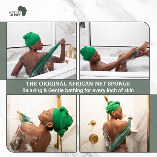 MOTHER AFRICA African Net Sponge Authentic with Knots 2 Pack Black Owned Exfoliating Body Scrubber Bath Sponge for Shower Washcloth Loofah Gentle Deep Cleansing Back Scrubber Face & Body Men & Woman - color: Dark Green & Brown
