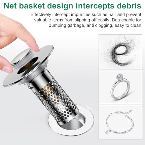 Bathroom Sink Drain Strainer,Universal Pop-Up Sink Stopper Hair Catcher, Anti-Clog Stainless Steel Drain Filter Basket, Removable Sink Drain for Bathroom Sink Stopper (Ysilver-2（with Buckle）) - color: Ysilver-2（with Buckle）