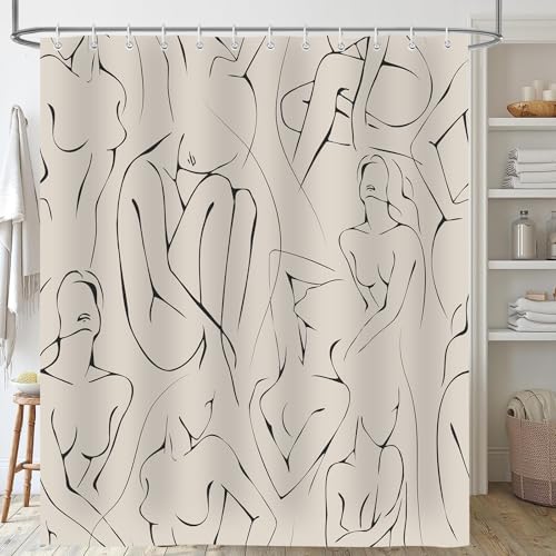Body Shower Curtain, Abstract Line Texture Boho Bath Curtain Decor for Women, Polyester Fabric Waterproof Bathroom Decoration Accessory Set with 12 Hooks 72X84 inch - color: Beige, size: 72"W x 84"L (Pack of 1)
