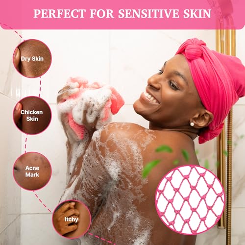 MOTHER AFRICA African Net Sponge Authentic with Knots 2 Pack Black Owned Exfoliating Body Scrubber Bath Sponge for Shower Washcloth Loofah Gentle Deep Cleansing Back Scrubber Face & Body Men & Women - color: Purple & Bright Pink