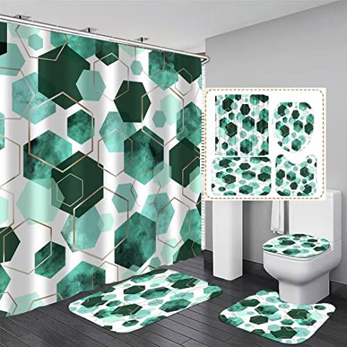 LQCOOL 4Pcs Indigo Shower Curtain Set Marble Grain Geometric Bathroom Set Fresh Turquoise Abstract Bathroom Curtain Set with 12 Hooks Carpet Bath Mat and Toilet Rugs - color: Indigo