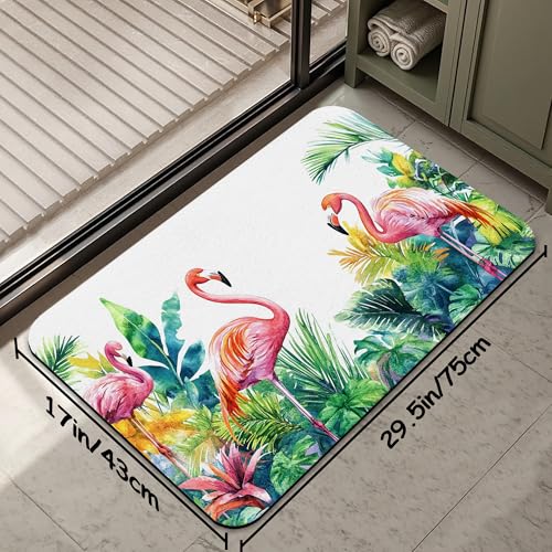 Flamingo Bathroom Rug 29.5"x17", Tropical Flowers Leaves Quick-Drying Super Absorbent Diatomite Bath Mat with Non-Slip Backing, Thin Washable Bathroom Floor Mat Fits Under Door for Shower, Sink - color: Flamingo Tropical Flowers Leaves