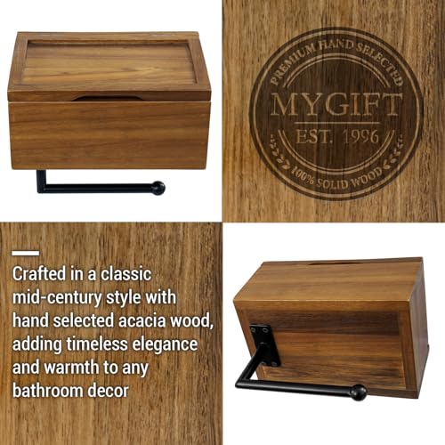 MyGift Mid-Century Modern Solid Acacia Wood Wall Mounted Toilet Paper Holder with Wet Wipes Dispenser and Storage Shelf Tray, Bathroom Organizer