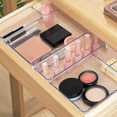 StorMiracle 13 PCS Drawer Organizer Set, 5 Varied Size Bathroom and kitchen Drawer cabinet organizer Trays, Clear Storage Bins for Makeup, Jewelry, Utensils and Gadgets - color: Clear, size: 13 PCS