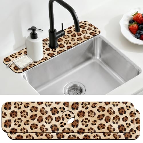 2 Pcs Kitchen Sink Splash Guard Faucet Mat Leopard Print Faucet Mat for Sinks Absorbing Drying Mats for Kitchen Bathroom, 23.6x5.5inch - color: Leopard Print