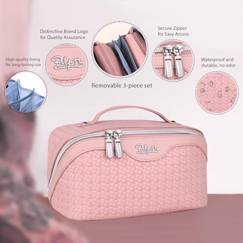 BOYATU Travel Makeup Bag Cosmetic Bags for Women: Large Capacity 3 Pcs Set Make up Bag with Compartments - Waterproof Vegan Leather Toiletry Organizer Bags with Handle (L39 Pink) - color: L39 Pink