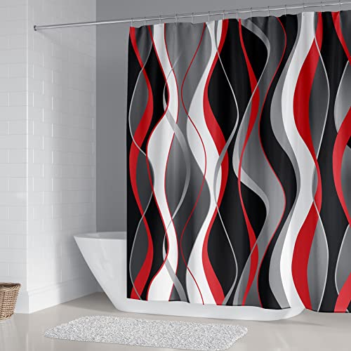 4Pcs Red Shower Curtain Sets with Non-Slip Rugs, Toilet Lid Cover and Bath Mat, Black and Gray Bathroom Decor Set Accessories Fabric Waterproof Shower Curtains with 12 Hooks, 72 x 72 Inch - color: Red