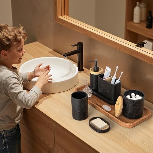 20PC Black Modern Bathroom Accessories Set with Shower Curtain, Toothbrush Holders, Soap Dispenser, Vanity Tray, Cotton Swab Jars, Bathroom Decor Organizer - color: Black+shower Curtain