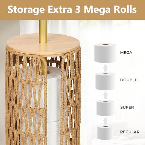 Trongee Freestanding Toilet Paper Holder with Storage,3 Rolls of Boho Toilet Paper Holder Stand with Lid,Gold Toilet Tissue Holder Stand Rattan Paper Storage Wicker Toilet Roll Holder Basket - color: U-gold