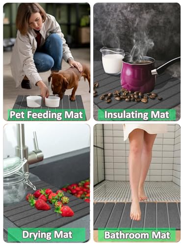 Large Stone Dish Drying Mat for Kitchen Counter, 24x16 Inches Foldable Food-grade Material Super Absorbent Diatomaceous Earth Mats with Self-drying for Dishes Sink Bathtub, Dark Grey