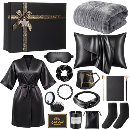 Twistover 16 Pcs Birthday Gifts for Women: Luxury Robe & Blanket Spa Gift Basket for Women -scented Candle, Mug, Notebook, Pillowcase & Spa Accessories(Black) - color: Black