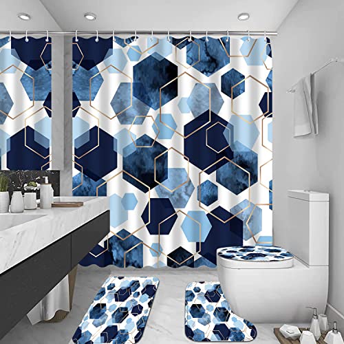 LQCOOL 4Pcs Blue Bathroom Set Geometric Shower Curtain Set Modern Art Shower Curtain for Bathroom with 12 Hooks, Bathroom Carpet Bath Mat and Toilet Rugs - color: Blue Hexagon