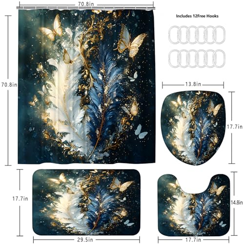 AZHM Luxury Dark Blue Gold Feather and Butterfly Shower Curtain Set 4 PCS Glittery Art Bathroom Decor Set with Non-Slip Rugs, Toilet Lid Cover & Bath Mat - color: Deep Blue