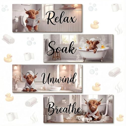 4Pcs Highland Cow Wooden Bathroom Wall Decor Funny Farmhouse Bathroom Decor Set Relax Soak Unwind Breathe Bathroom Wall Art Rustic Cute Animal Wooden Signs for Guest Bath Restroom & Powder Room - style: Highland Cow