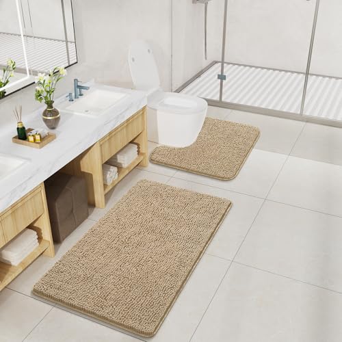 LOCHAS Bathroom Rugs Sets 2 Piece, Soft Non Slip Bath Mat Set, 20''x20'' U-Shaped Toilet Rug and 34''x21'' Sand Beige Bath Rugs, Washable Absorbent Chenille Toilet Rug Set for Bathroom, Shower - color: Sand Beige