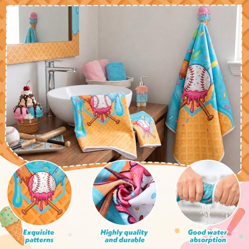 Moukeren Set of 3 Ice Cream Drip Baseball Bath Towels Baseball Bath Towel Hand Towel and Washcloth Soft Absorbent Ice Cream Drip Party Supplies for Summer Beach Swimming Party Favors Birthday Gifts - style: Ice Cream Drip