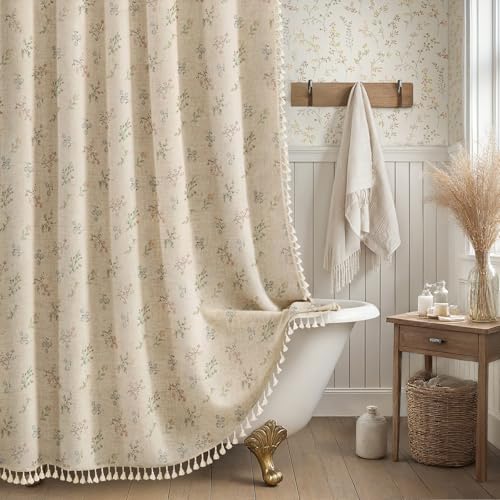 Floral Farmhouse Vintage Linen Shower Curtain, French Country Spring Shower Curtains for Bathroom with Tassels, 72Wx72H - color: Linen - Muted Garden Tassel Edge, size: Standard 72"W x 72"L