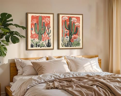 Framed Mexican Cactus Canvas Wall Art Set of 2, Vintage Desert Floral Pictures Wall Decor Paintings, Boho Southwestern Botanical Prints for Living Room Bedroom Bathroom Office Home Decor 12x16 inch - color: Red, size: 16"L x 12"W