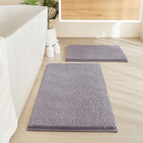 HOMEIDEAS 2 Pieces Bathroom Rugs, Non Slip Absorbent Chenille Toilet Bath Mat Set (Grey) - color: Grey-grey, size: 1'5" x 2'8" (Rectangular 20"x32"+17"x24")
