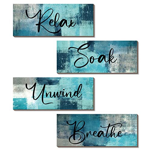 Maitys 4 Pcs Bathroom Wall Decor 10 x 4 Inch Bathroom Wall Art Contemporary Wood Restroom Pictures for Soak Unwind Relax Hanging Sign Spa Rustic Vintage Farmhouse Pediments(Turquoise and Grey) - color: Turquoise and Grey