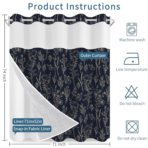 No Hook Shower Curtain with Snap in Liner Set, Dark Boho Navy Gold Forest Botanical Floral Neutral Pretty Waterproof Fabric Shower Curtain for College Dorm Hotel Apartment Bathroom Bathtub, 71x74 Inch - color: Line Floral