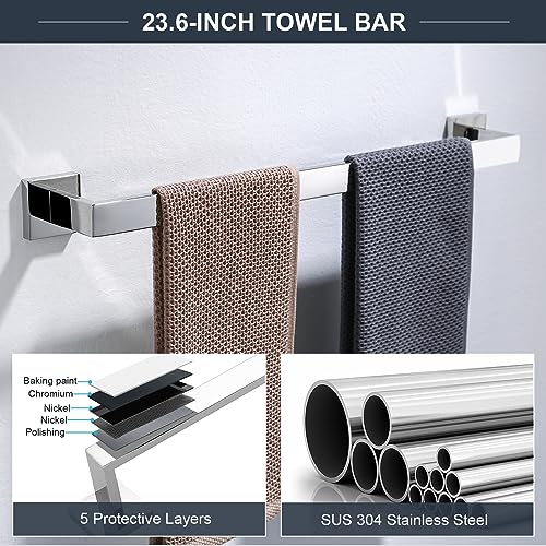 TQKAG 6-Piece Bathroom Towel Bar Sets Polished Chrome 23.6 inch Towel Bar Stainless Steel Towel Ring Coat Hook and Toilet Paper Holder Bathroom Hardware Set Wall Mounted Bathroom Accessories Kit - color: Polished Chrome, size: 6-Pieces Set-A