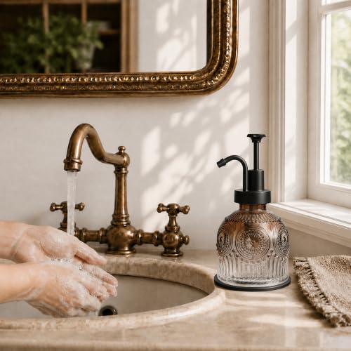 SheeChung Vintage Soap Dispenser, Kitchen Dish Soap Dispensers with Pump Mat, Glass Hand Soap Dispenser for Bathroom, Liquid, Lotion, Refillable, Rustic Farmhouse Decor-Brown (Black Pump, 2 pk) - color: Brown Gradient-black Pump-2 Pack
