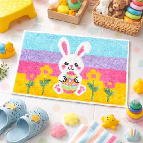 Easter Bunny Bath Mat 20 x 32 Inch, Colorful Tufted Bathroom Rug with Floral and Egg Design, Soft Plush Decorative Floor Mat for Kids Bathroom, Bedroom, Nursery and Entryway - color: Multi Color, size: 1'8" x 2'8" (Rectangular)
